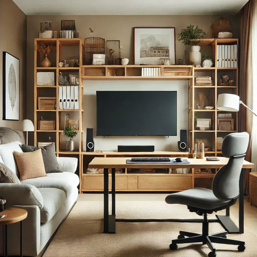 Salon moderne avec canapé clic-clac et TV à distance idéale pour un confort visuel optimal