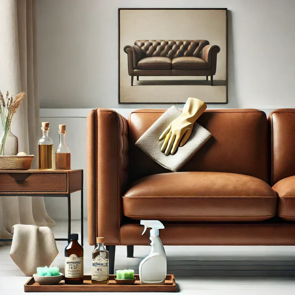 Canapé en cuir marron nettoyé avec un chiffon microfibre et des produits naturels dans un salon moderne.
